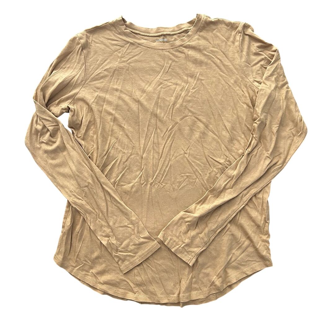 Vince Women M Pima Cotton Modal Long Sleeve Tee Tan Beige Curved Hem Lightweight